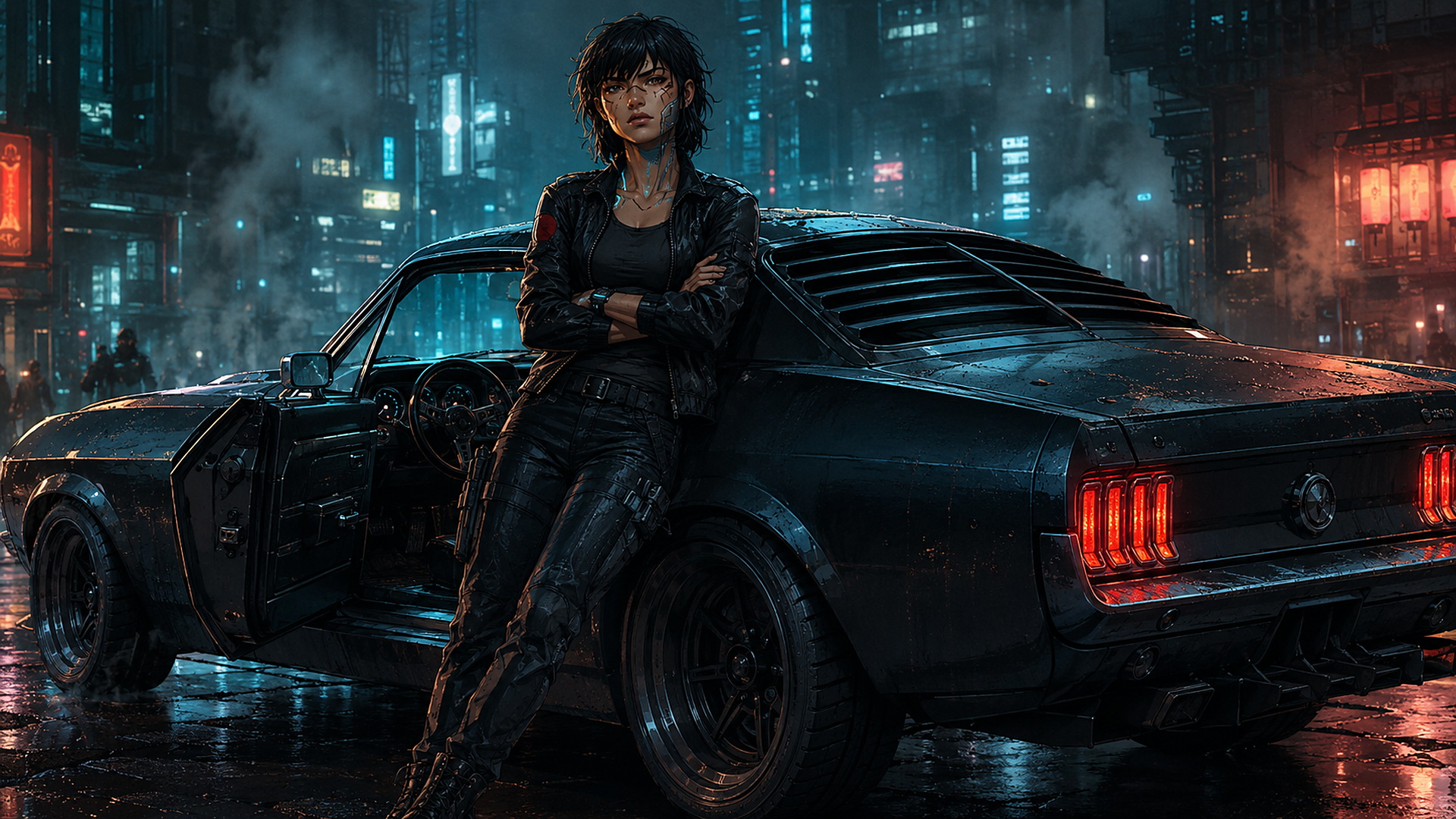 Kade Katano with cybernetic implants standing before her Mustang on a rain-soaked Neo-Tokyo street.