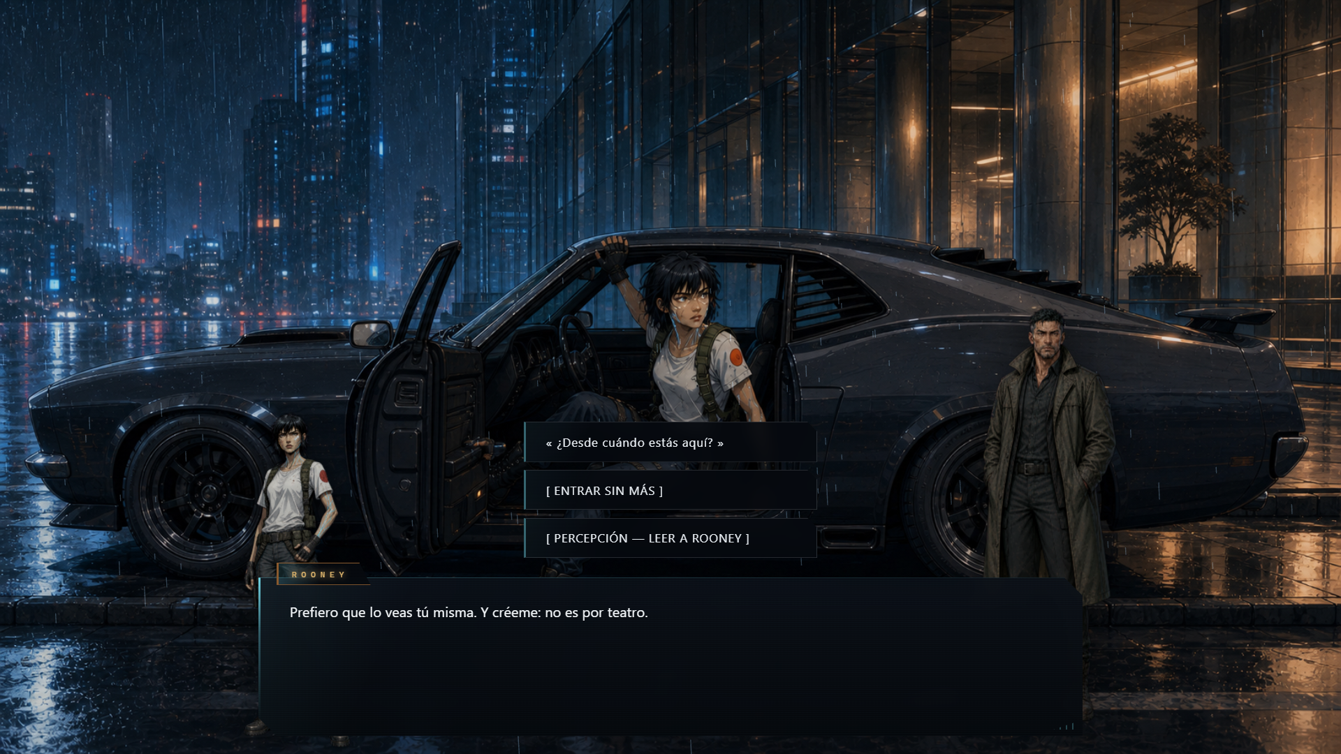 Decisión narrativa en Precinct 2099 con Kade y Rooney junto a un coche bajo la lluvia.
